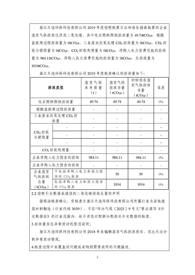 浙江天造環保科技有限公司2019年度碳核查報告